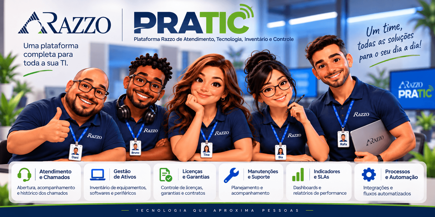 PRATIC — Plataforma Razzo de Atendimento, Tecnologia, Inventário e Controle. Uma plataforma completa para toda a sua TI: Atendimento e Chamados, Gestão de Ativos, Licenças e Garantias, Manutenções e Suporte, Indicadores e SLAs, Processos e Automação.
